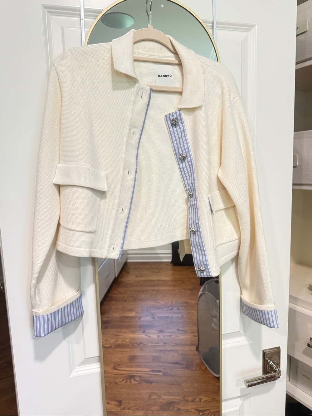 Sandro Cream Sweater Jacket with Blue Stripe Trim